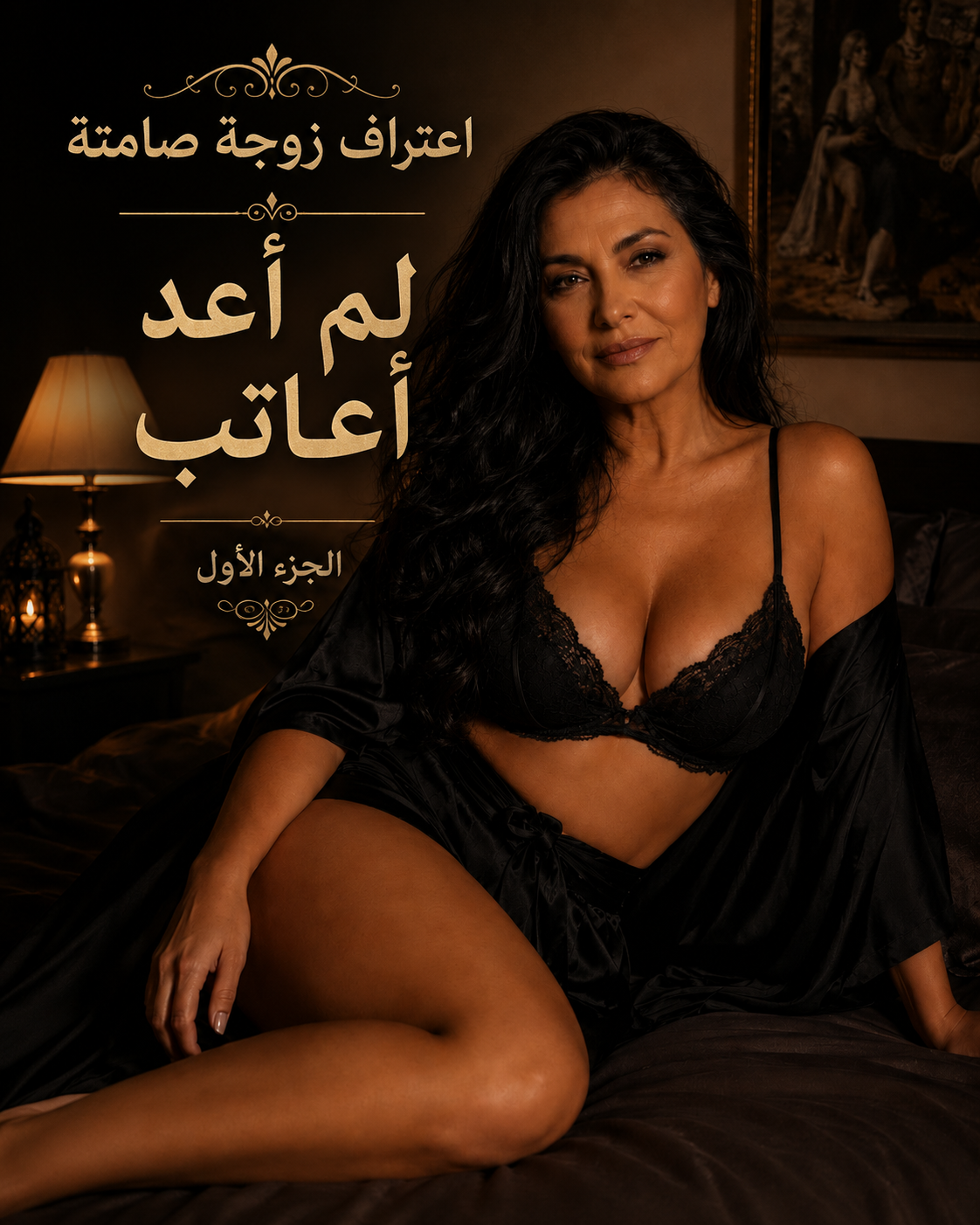 امرأة ناضجة أنيقة بملابس سوداء في أجواء ليلية دافئة تعبر عن اعتراف زوجة صامتة